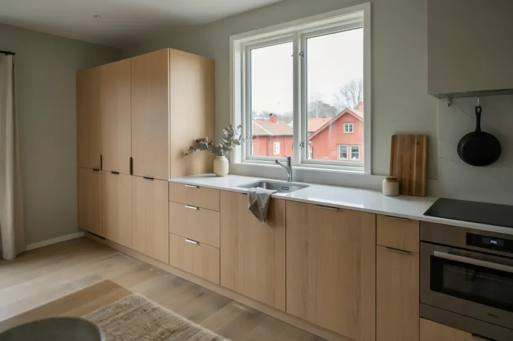k ksmontering med stommar sk p och b nkskiva i tumba r nninge